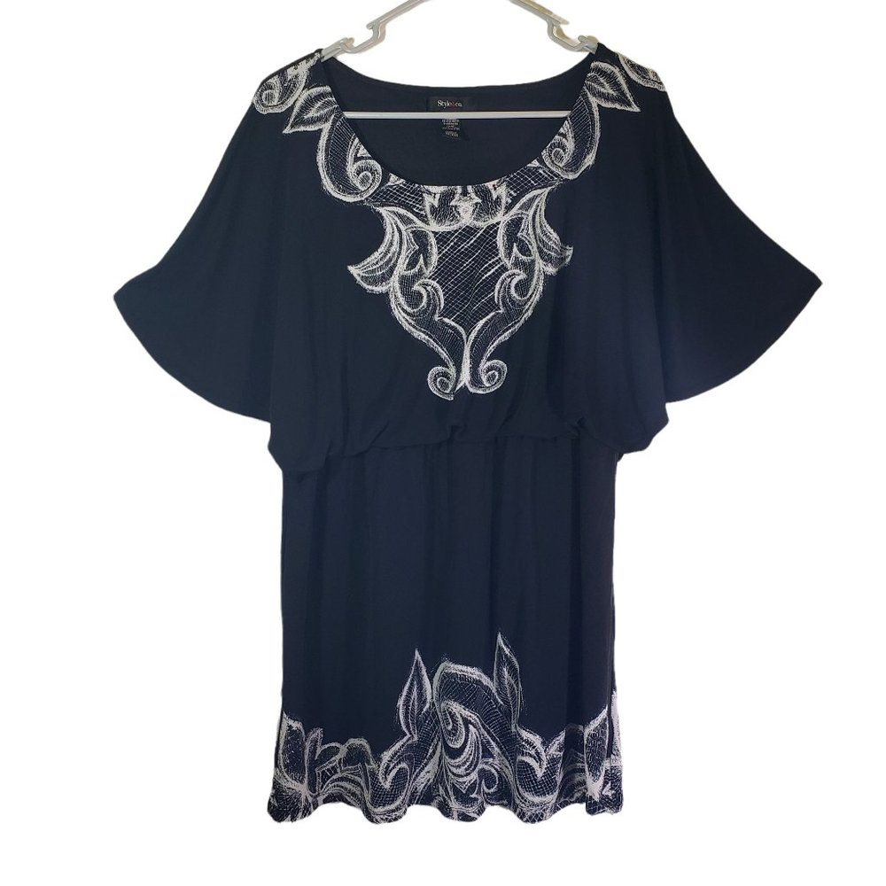 STYLE & CO Large Black, White Floral Shift, Flutter Sleeve, Blouson Dress